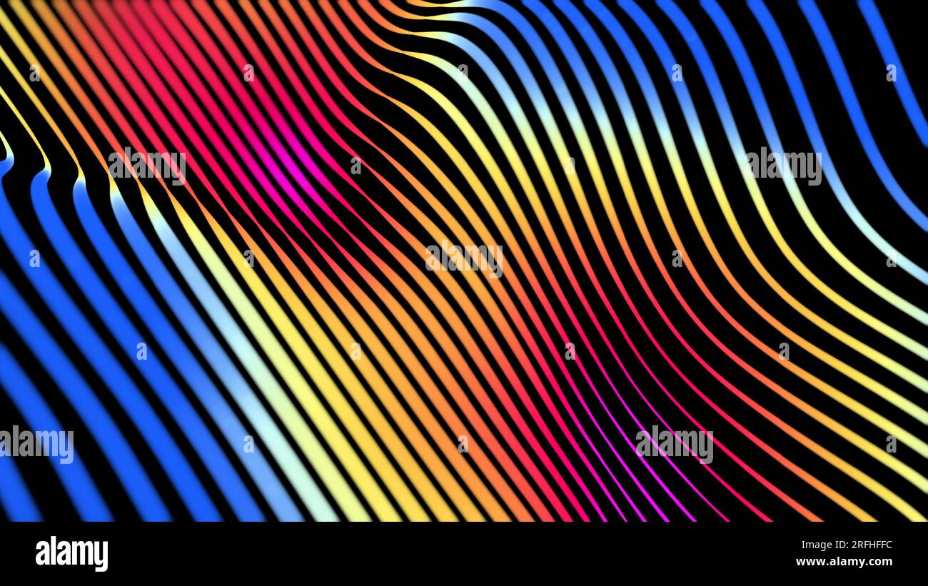 Sfondo digitale, onde a linee multicolore arcobaleno, bokeh. Visualizzazione del flusso di dati. DOF. Colori blu freddi. Stile 3D. Mappa altezza. Illustrazione Vettoriale