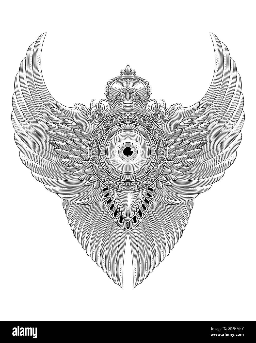 Un angelo occhio con ali, corona e foglia ornamenti, illustrazione vettoriale in stile disegno con incisioni vintage Illustrazione Vettoriale