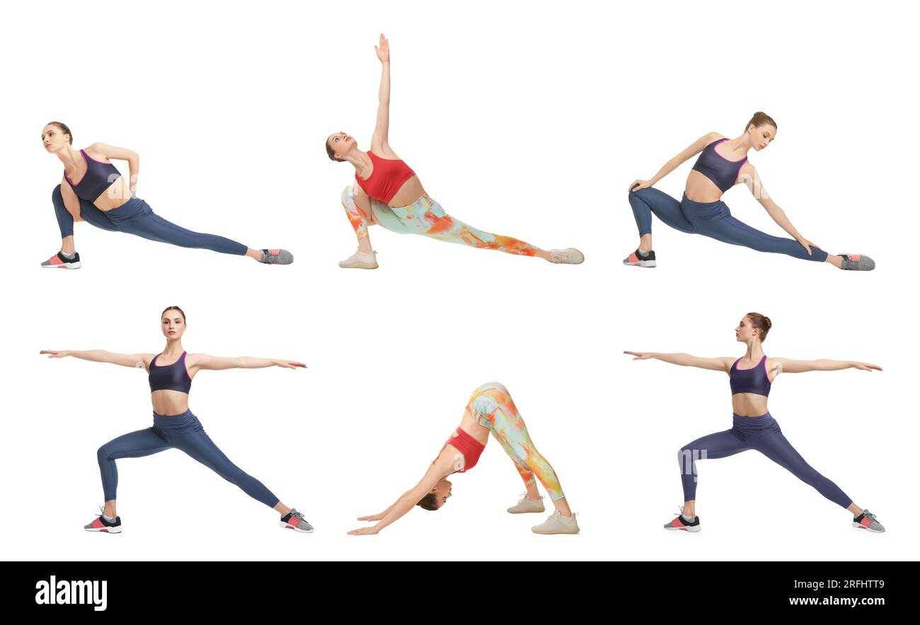 Giovane donna che pratica yoga su sfondo bianco. Collage con diverse asana Foto Stock