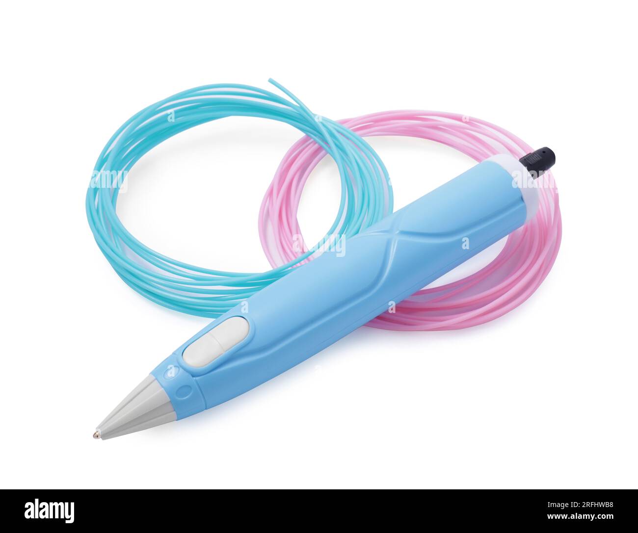 Elegante penna 3D e filamenti di plastica su sfondo bianco Foto Stock