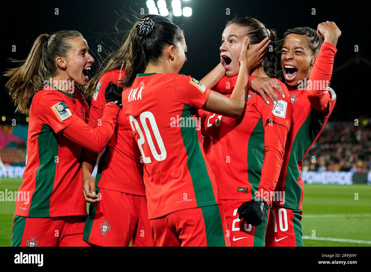 Hamilton, nuova Zelanda. 27 luglio 2023. Coppa del mondo femminile FIFA 2023 gruppo e - Portogallo vs Vietnam. Telma Encarnacao del Portogallo (n. 23) festeggia dopo aver segnato il primo gol del Portogallo nella fase di Coppa del mondo. DAT do/Alamy Live News Foto Stock