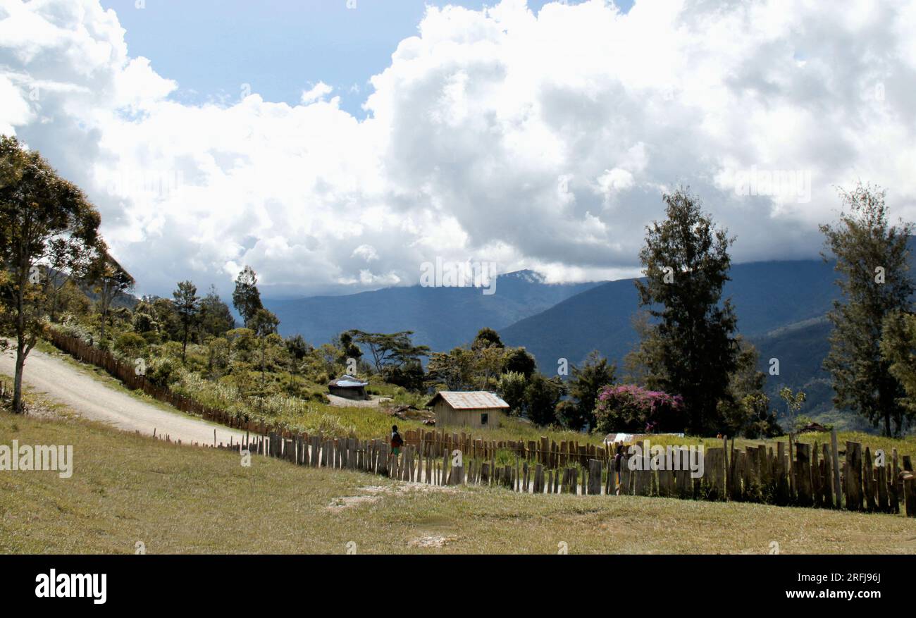 Uomo papuano che cammina su una strada con case papuane, vicino a una scogliera con montagne in lontananza, negli altopiani della Papua indonesiana. Foto Stock