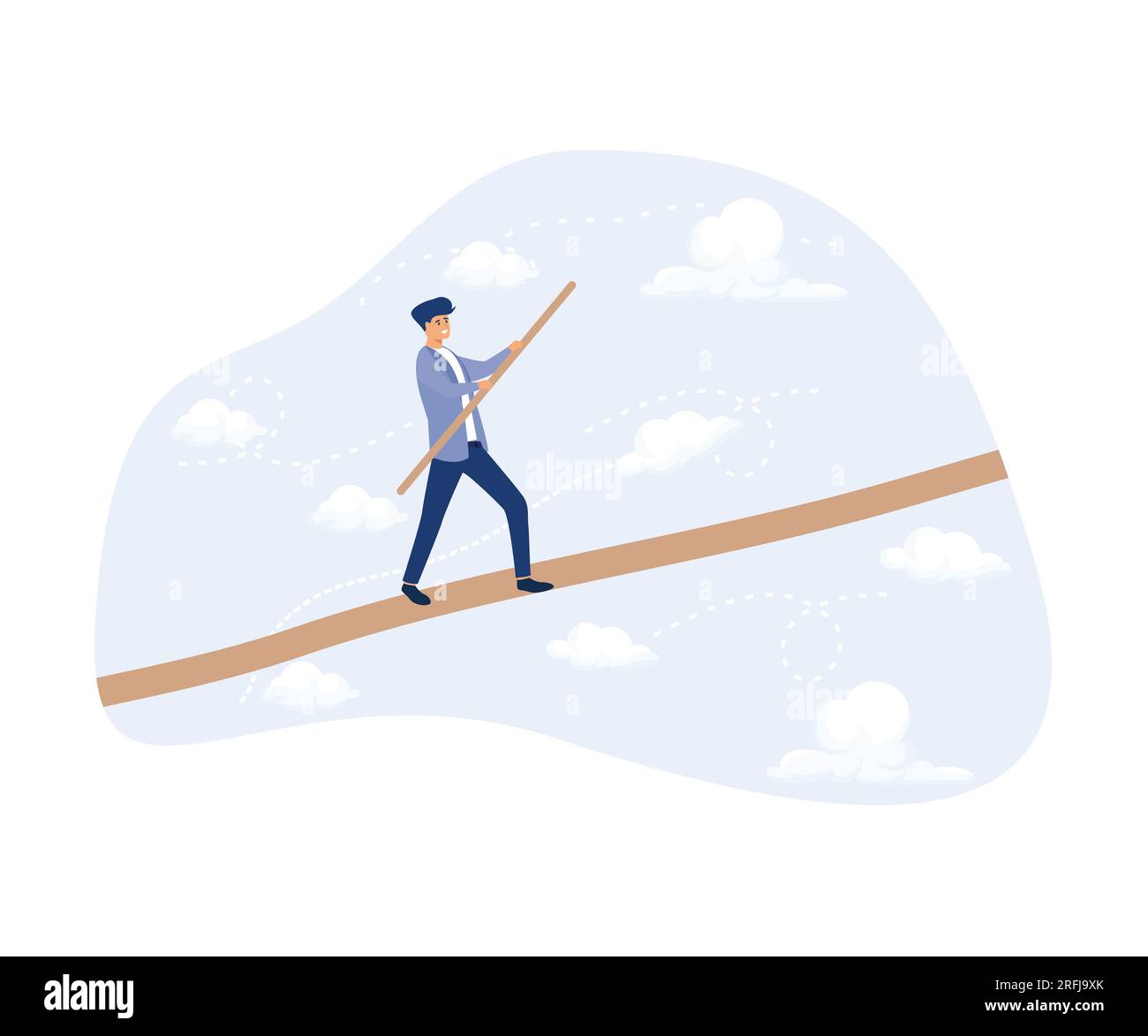 Conquistare il problema delle avversità, Man Walking Balancing con Briefcase su Long Wire Tightrope Risk Danger Business Challenge, piatto vettore moderno illustrat Illustrazione Vettoriale