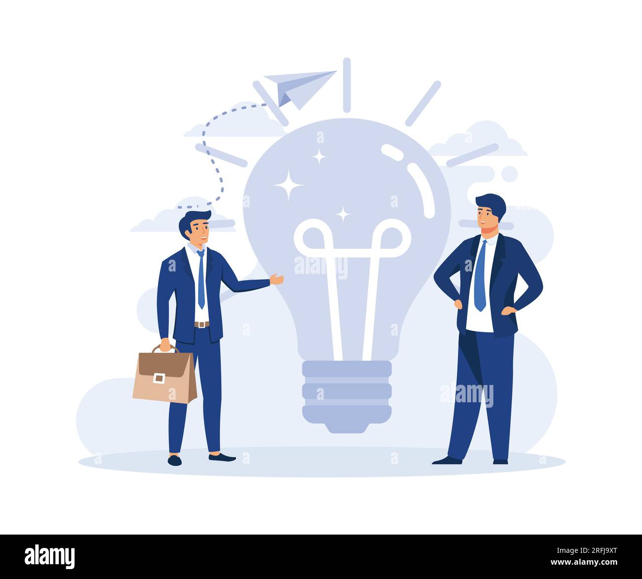 Bright tecnologia concetti, cambiare a nuova innovazione, successo imprenditore leader dare un altro imprenditore nuova idea lampadina. piatto vettore moderno illus Illustrazione Vettoriale