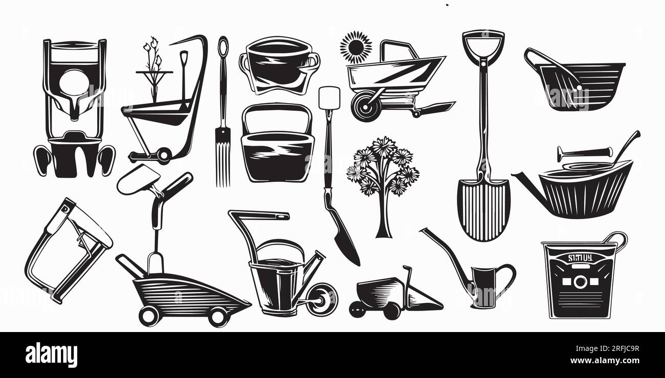 Una serie di illustrazioni vettoriali per attrezzature per il giardinaggio della silhouette Illustrazione Vettoriale