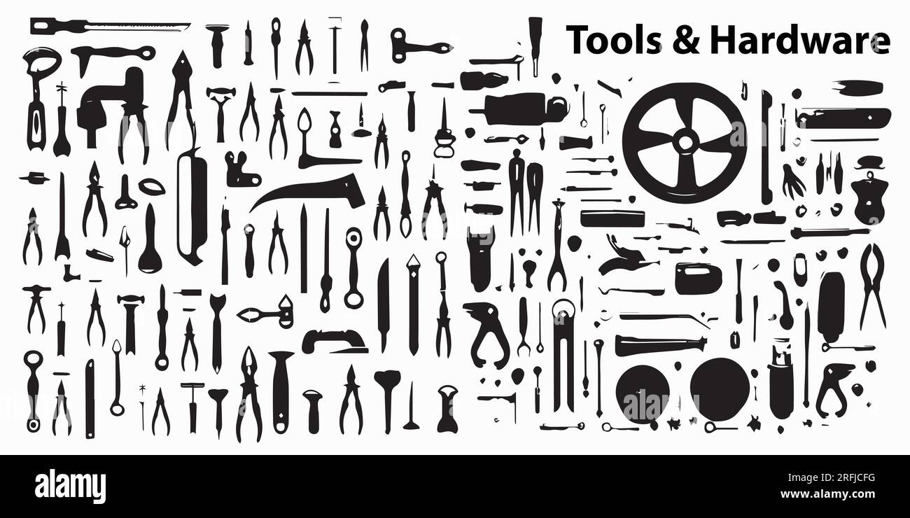 Diversi tipi di strumenti di silhouette e illustrazione vettoriale hardware Illustrazione Vettoriale