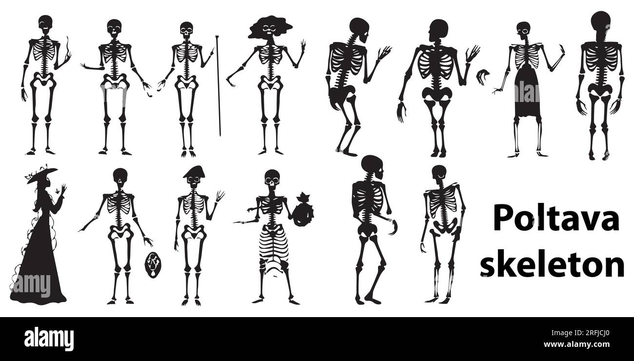 Una serie di illustrazioni vettoriali silhouette Poltava Skeleton Illustrazione Vettoriale