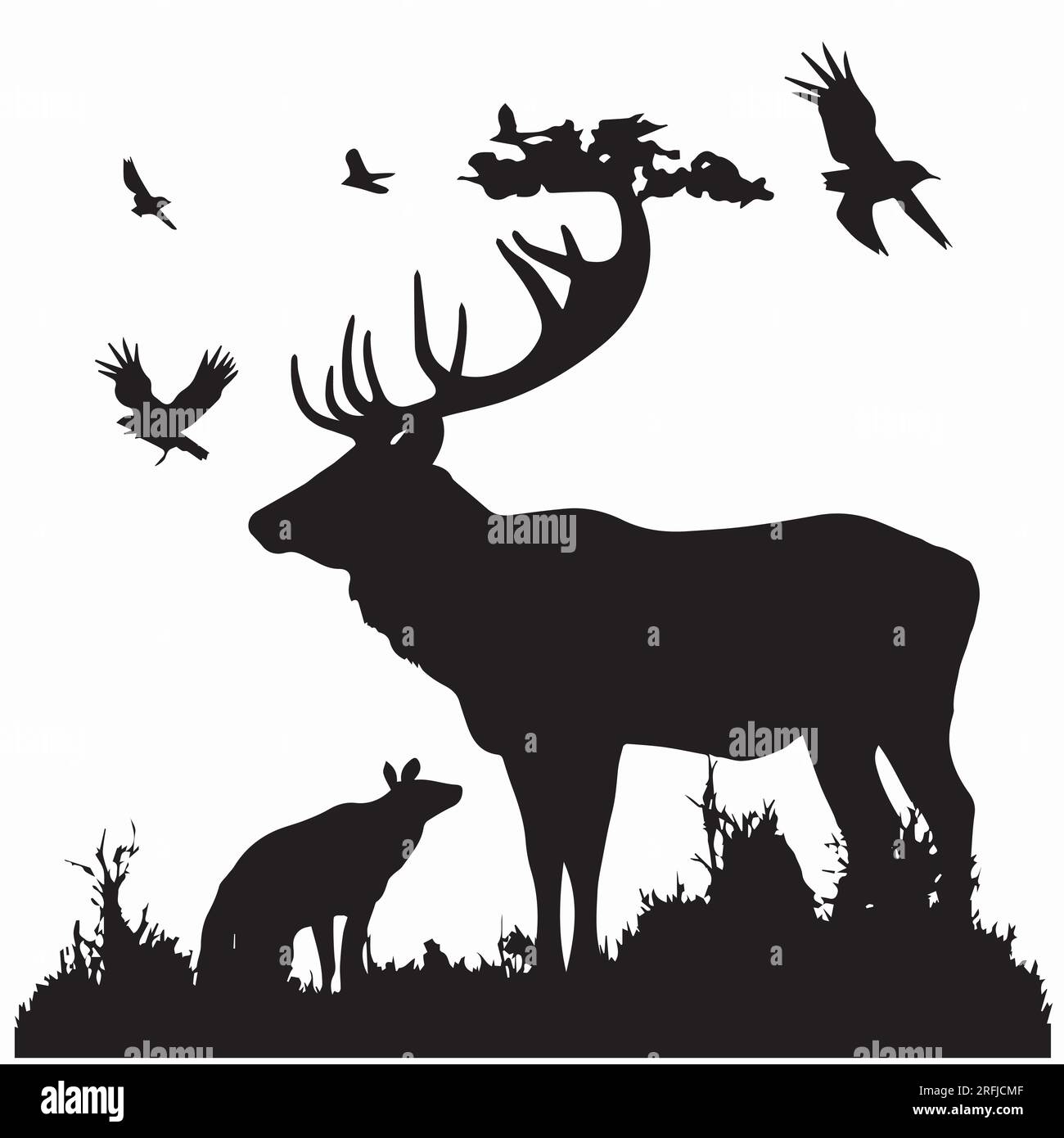 Silhouette Cervo nella foresta con la diversa illustrazione vettoriale della silhouette animale Illustrazione Vettoriale