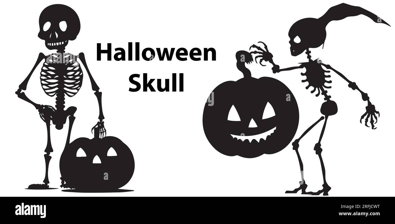 Zucca di halloween silhouette con illustrazione vettoriale del cranio Illustrazione Vettoriale