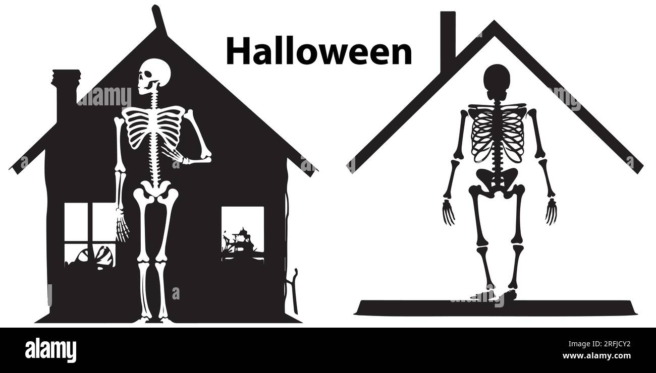 Figura silhouette Black Halloween House e Skull Vector Illustrazione Vettoriale