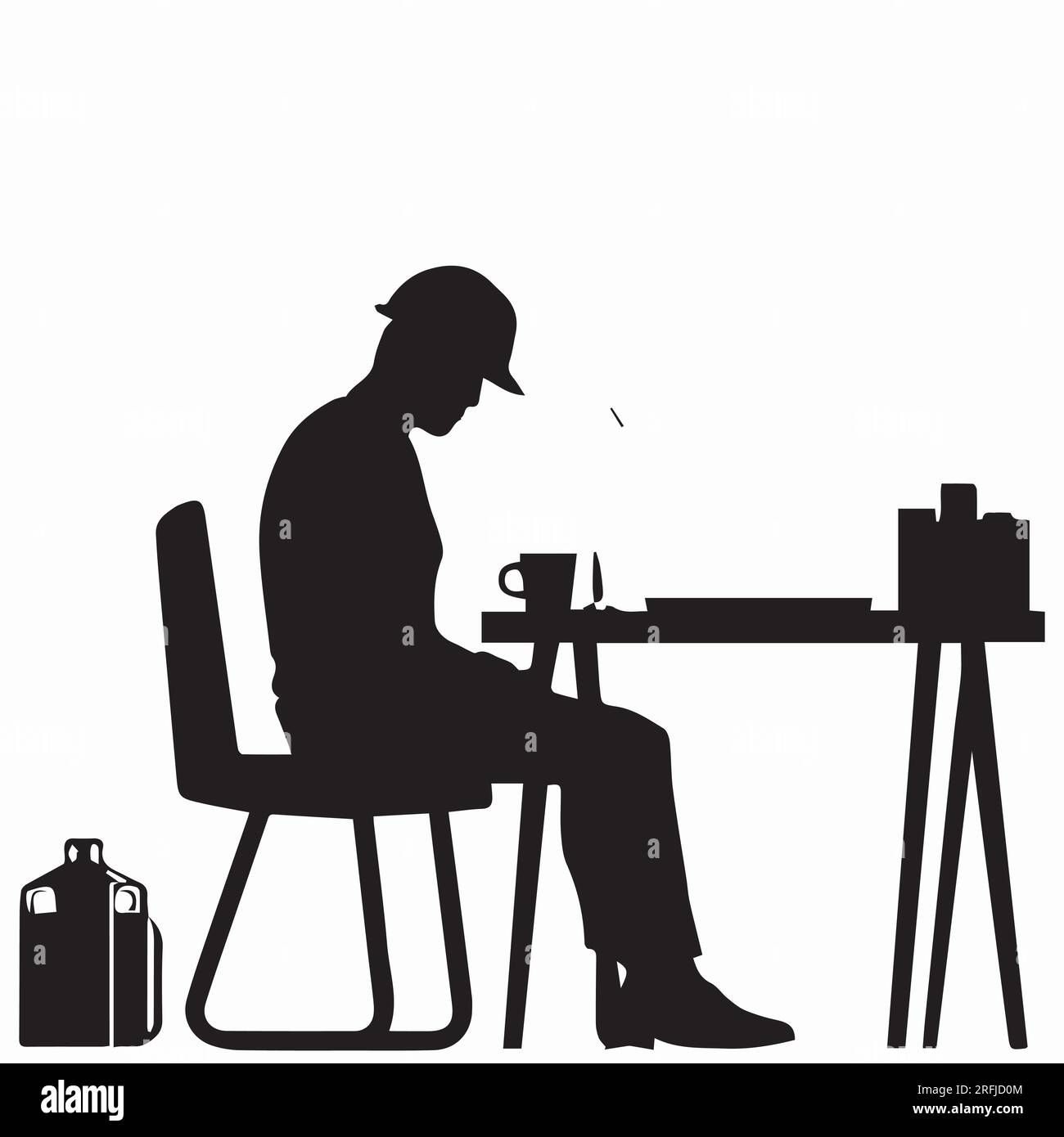 Un ragazzo si siede sulla sedia e si prende una tazza di caffè con silhouette vettoriale Illustrazione Vettoriale