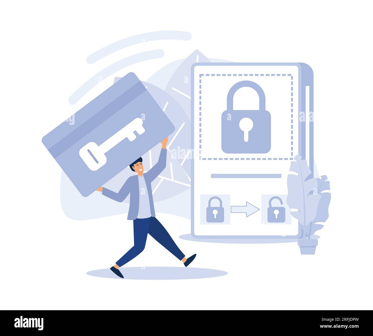 Sicurezza e verifica dell'identità, Smart ID card, sistema di apertura elettronico, videosorveglianza, illustrazione moderna a vettore piatto Illustrazione Vettoriale