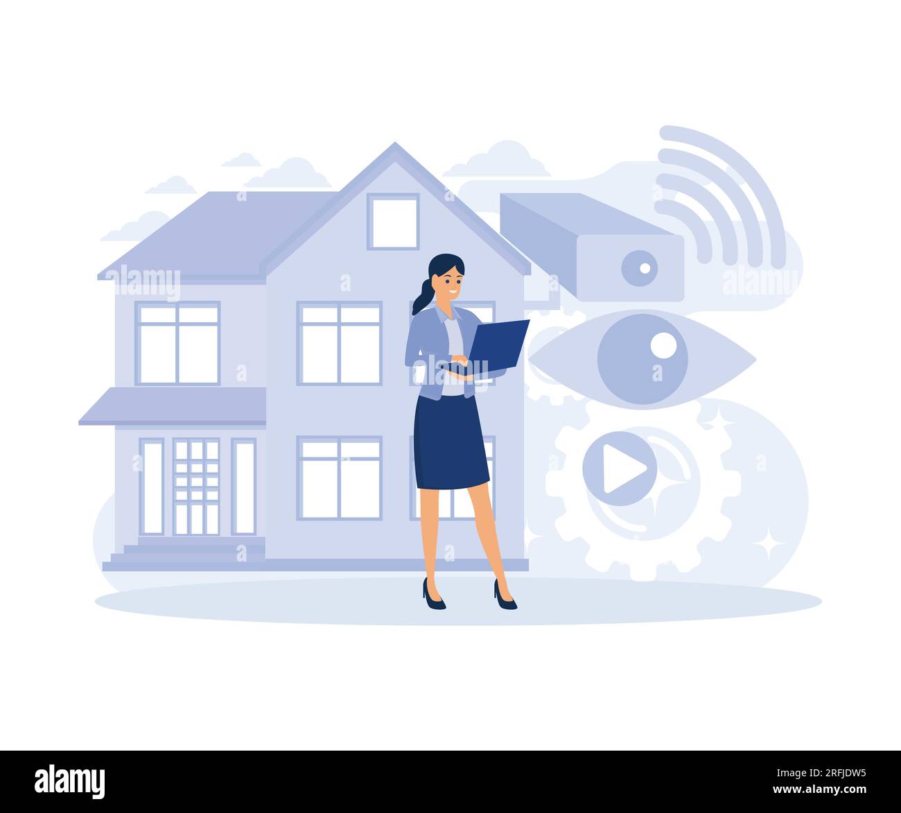 Sicurezza e verifica dell'identità, Smart ID card, sistema di apertura elettronico, videosorveglianza, illustrazione moderna a vettore piatto Illustrazione Vettoriale