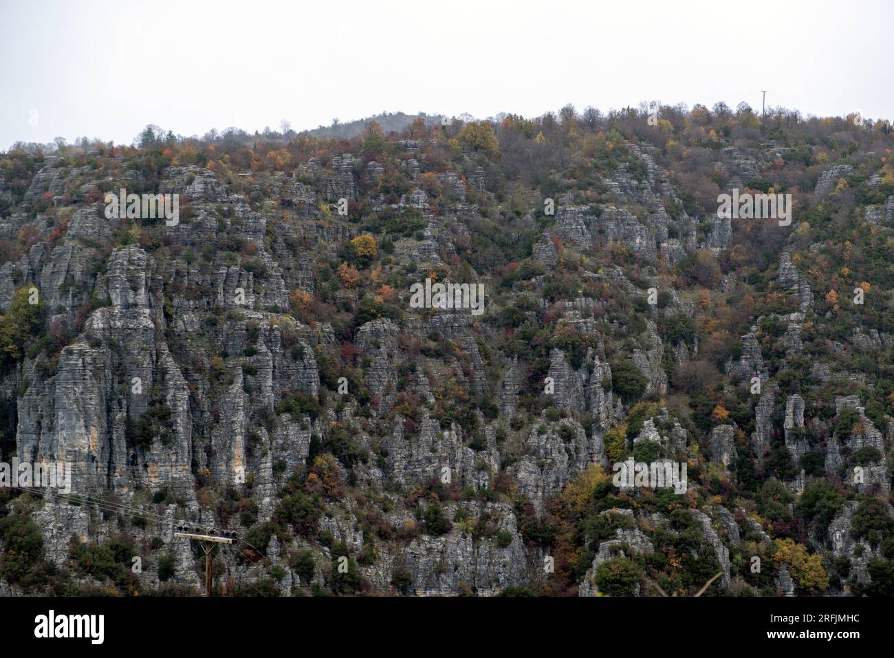 Pendio roccioso con albero Ioannina Epirus, destinazione Grecia. Fenomeno geologico di ripido paesaggio roccioso per escursioni, avventura, scoperta. Foto Stock