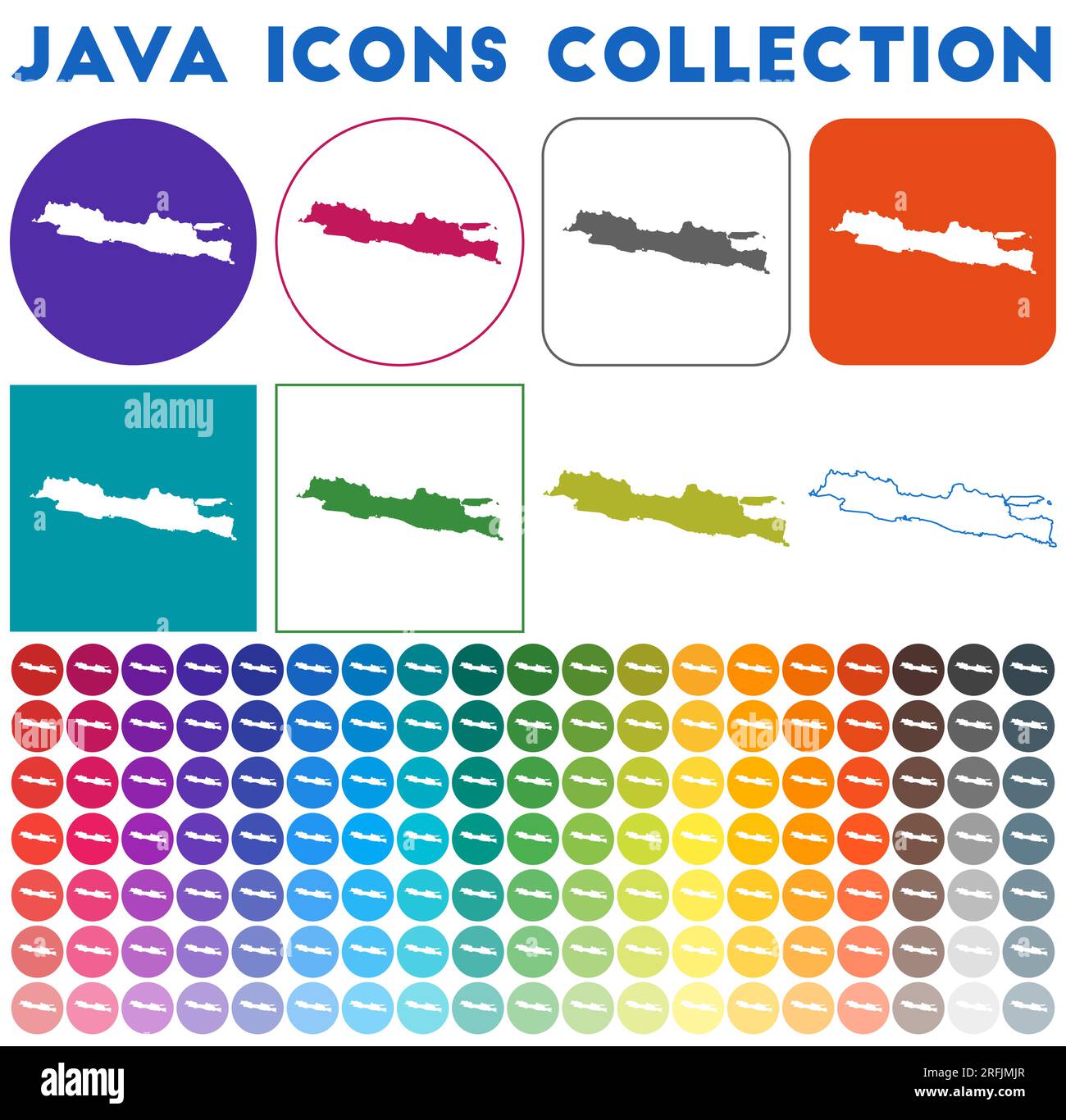 Raccolta icone Java. Icone luminose colorate e alla moda. Moderno distintivo Java con mappa dell'isola. Illustrazione vettoriale. Illustrazione Vettoriale