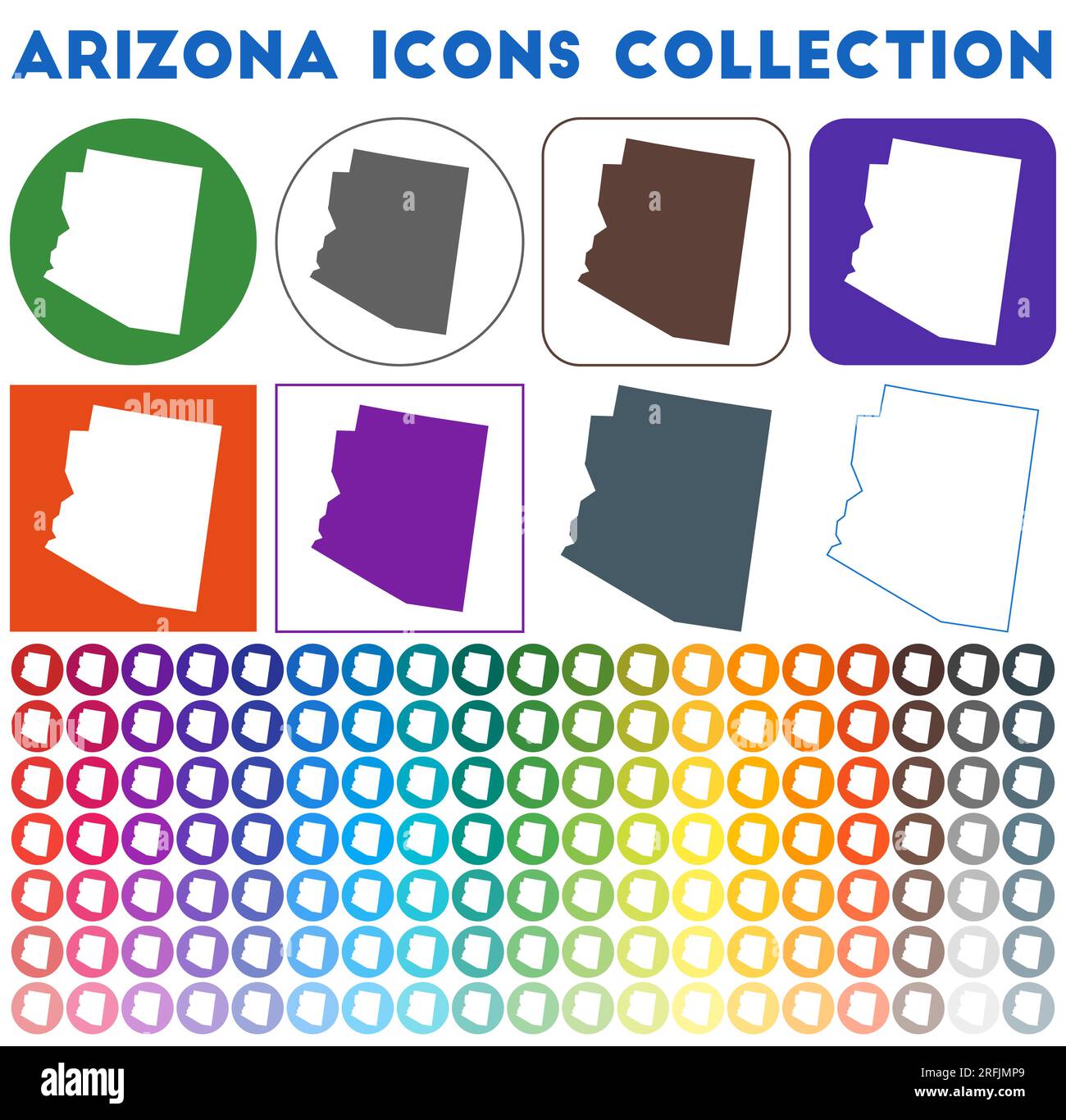 Collezione di icone dell'Arizona. Icone luminose colorate e alla moda. Distintivo moderno dell'Arizona con la mappa dello stato degli Stati Uniti. Illustrazione vettoriale. Illustrazione Vettoriale