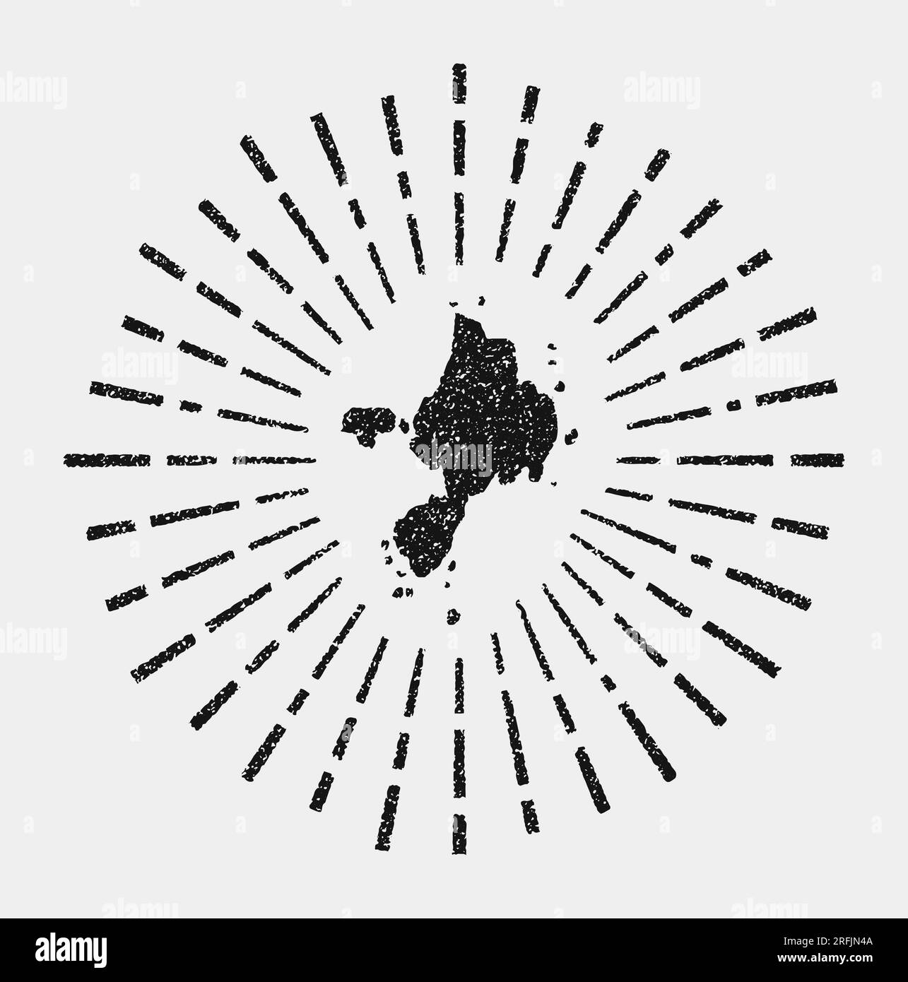 Mappa d'epoca di Sark. Scoppia il sole intorno all'isola. Forma Sark nera con raggi del sole su sfondo bianco. Illustrazione vettoriale. Illustrazione Vettoriale