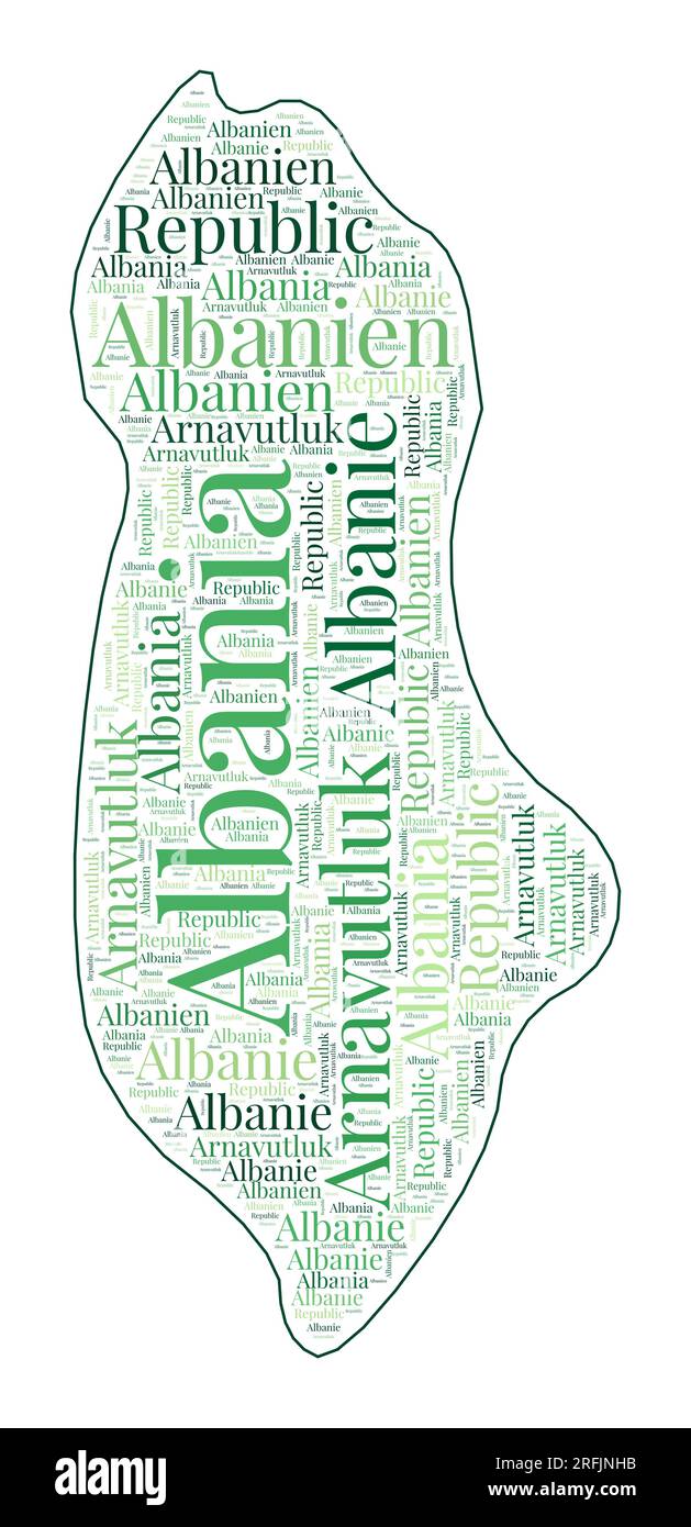 Forma albanese riempita con il nome del paese in molte lingue. Mappa Albania in stile wordcloud. Illustrazione vettoriale alla moda. Illustrazione Vettoriale