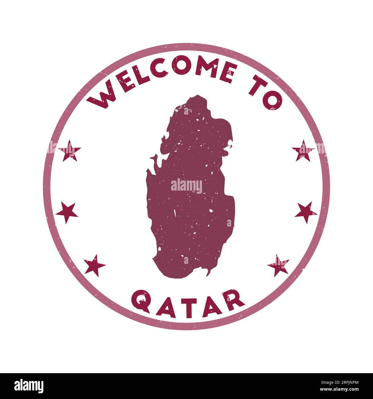 Benvenuto nel francobollo del Qatar. Francobollo rotondo grunge country con texture in tema di colore rosso barbabietola. Sigillo Qatar geometrico in stile vintage. Illustrazione Vettoriale