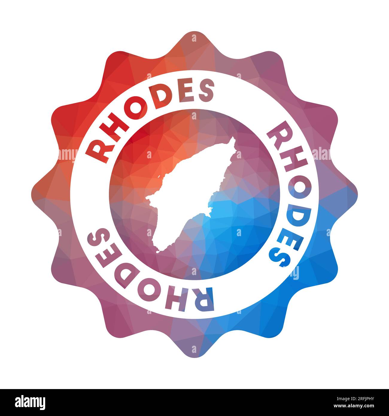 Logo Rhodes Low Poly. Colorato logo di viaggio sfumato dell'isola in stile geometrico. Segno arrotondato poligonale Rhodes multicolore con mappa per la tua inf Illustrazione Vettoriale