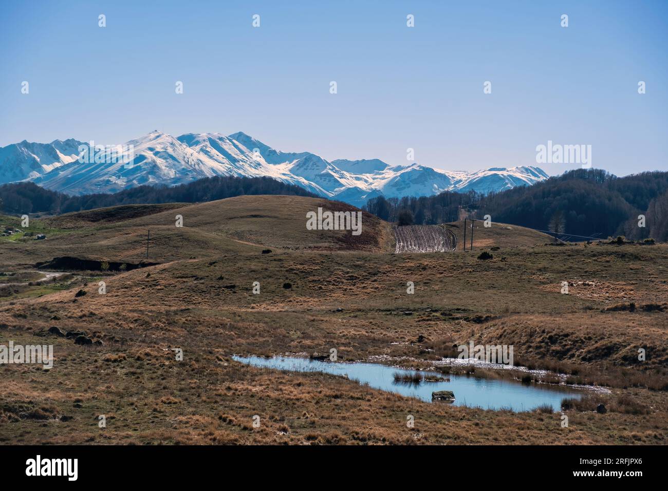 Montagne innevate del Pindo, lago di Aoos Springs, Epiro Grecia. Montagna con foresta, paesaggio con bassa vegetazione giorno invernale. Foto Stock