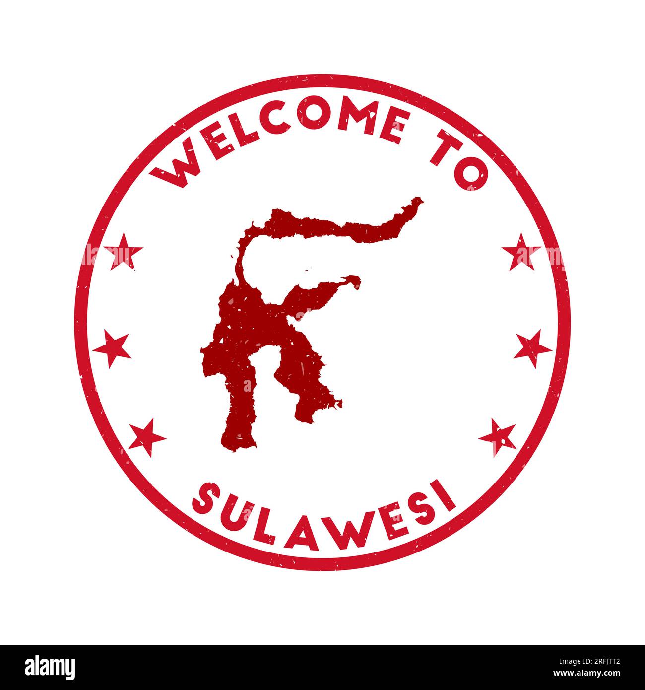 Benvenuto al francobollo Sulawesi. Francobollo tondo dell'isola grunge con texture in tema di colore rosso super rosa. Sigillo geometrico Sulawesi in stile vintage. Illustrazione Vettoriale