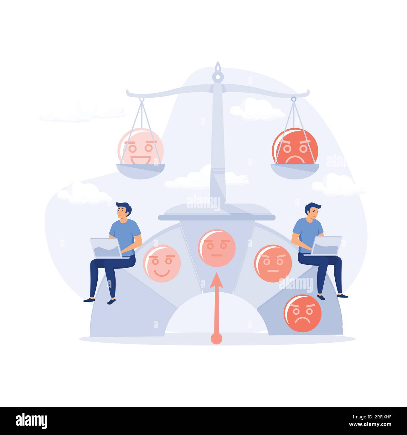 Scala dell'umore, l'uomo risolve i problemi e riduce la pressione psicologica, persona stanca a causa del sovraccarico emotivo e di lavoro. illustrati vettoriali moderni e piatti Illustrazione Vettoriale