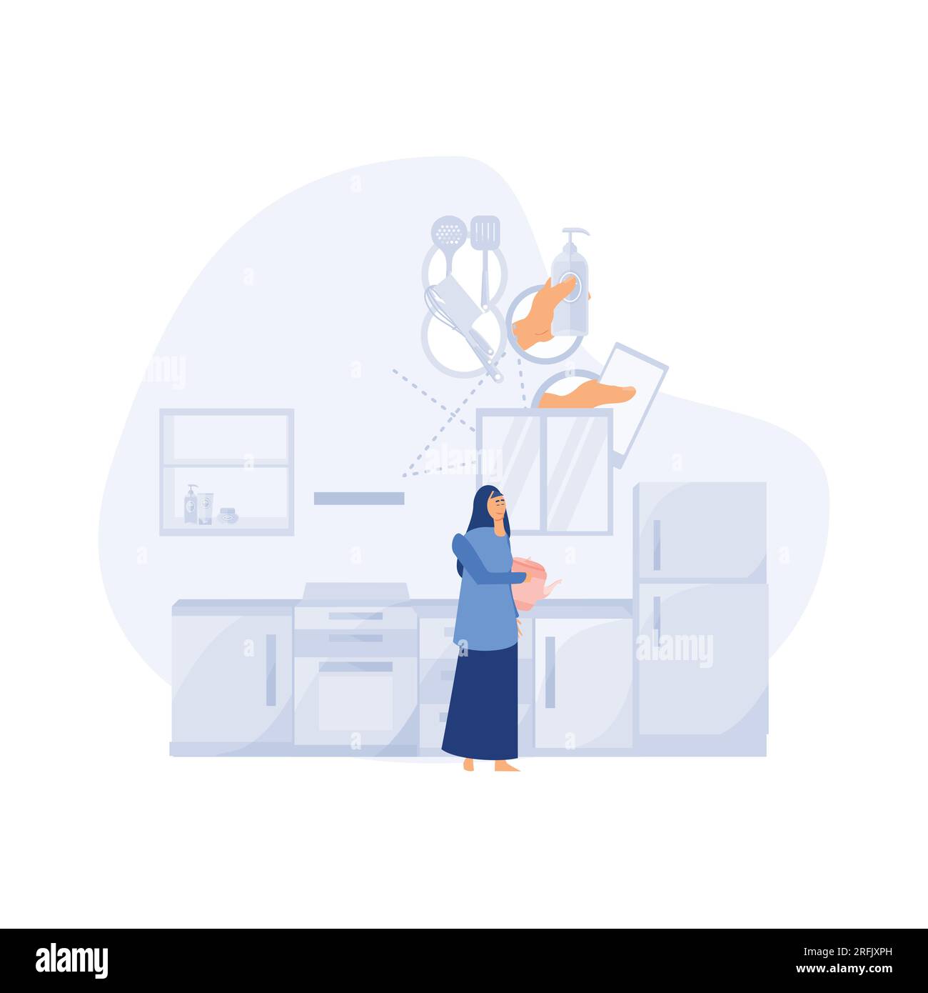 Una donna che gestisce l'equilibrio tra vita familiare, lavoro in casa e carriera aziendale. illustrazione moderna a vettore piatto Illustrazione Vettoriale