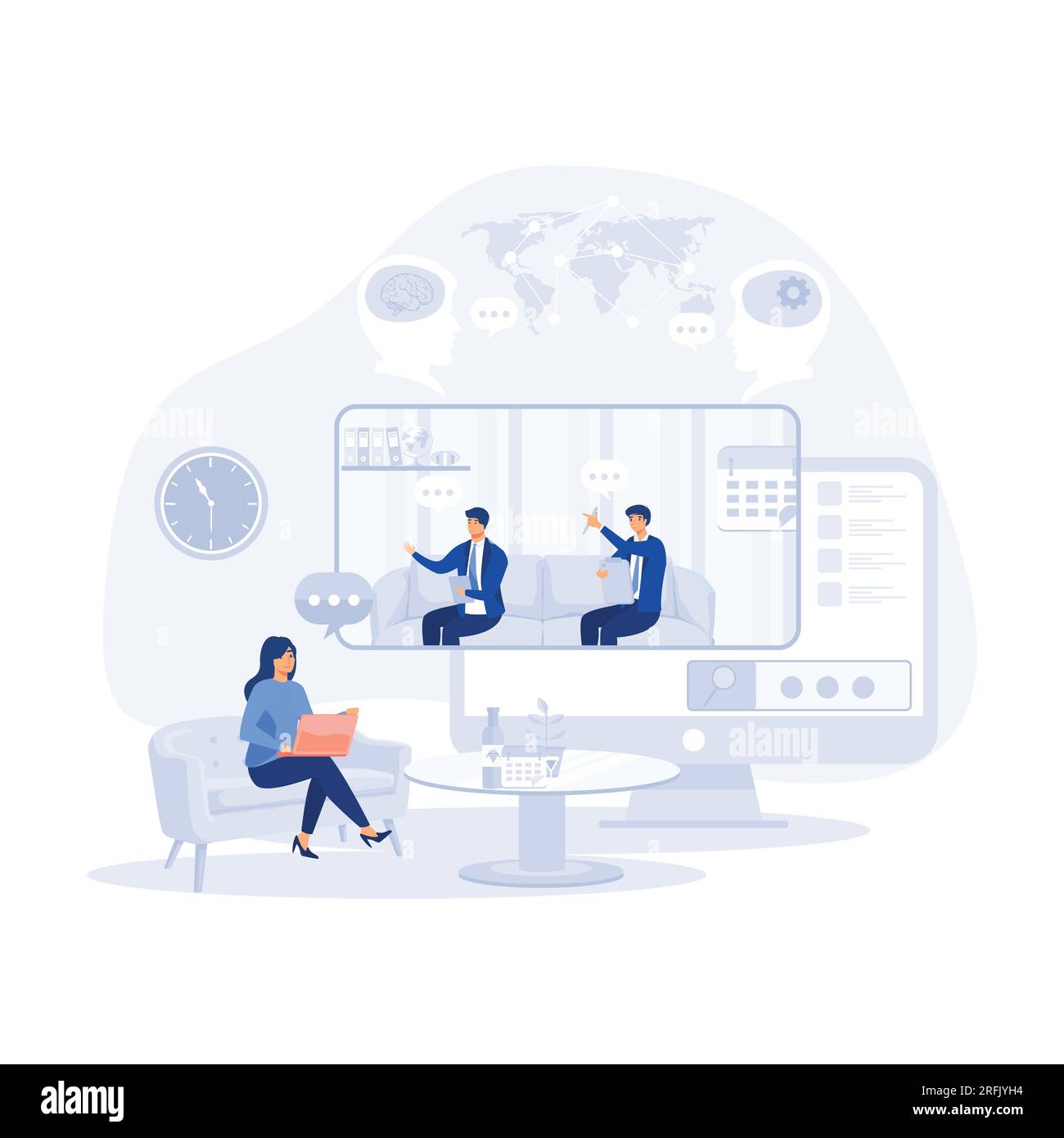 Lavoratore che utilizza il computer per riunioni virtuali collettive e videoconferenze di gruppo. Donna sul desktop che chatta con gli amici online, malattia moderna a vettore piatto Illustrazione Vettoriale