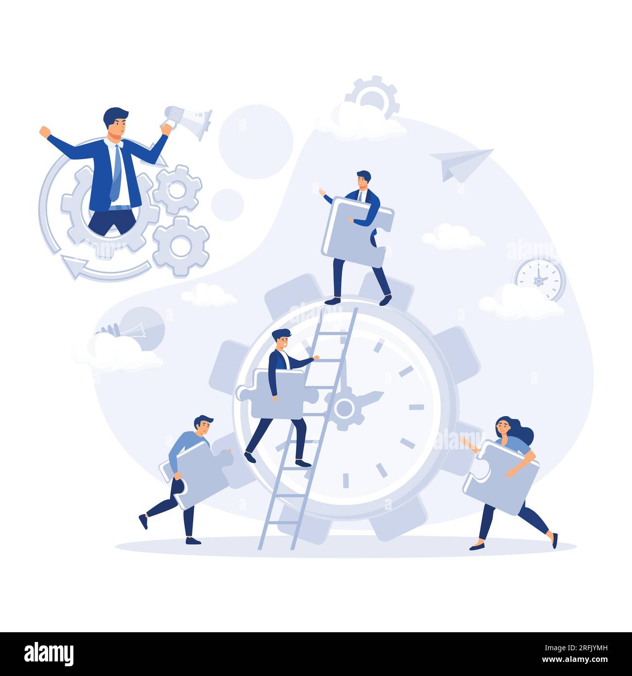 Il concetto di lavoro di squadra congiunto, la creazione di un team aziendale. Illustrazione vettoriale di personaggi funzionanti, persone che collegano pezzi di puzzle, vettoriale piatto m Illustrazione Vettoriale