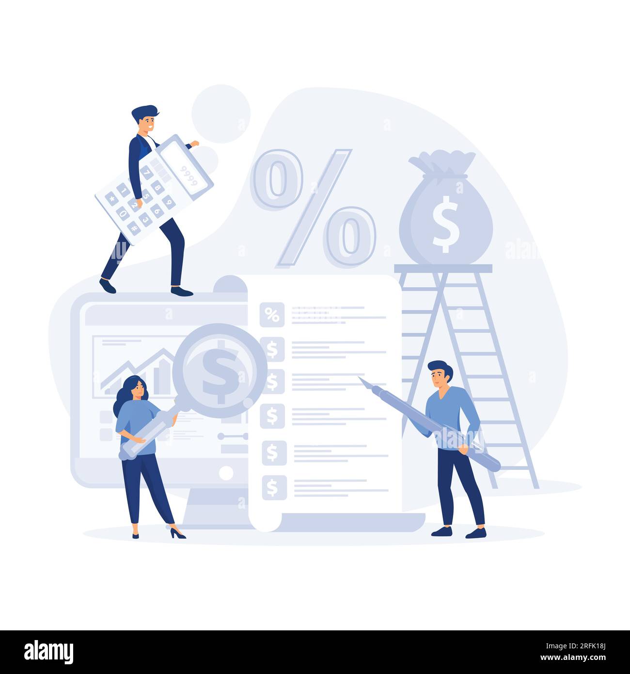 Contabilità e contabilità, compilazione dei dati contabili, grafici e grafici conteggio dei rimborsi di denaro, illustrazione moderna a vettore piatto. Illustrazione Vettoriale