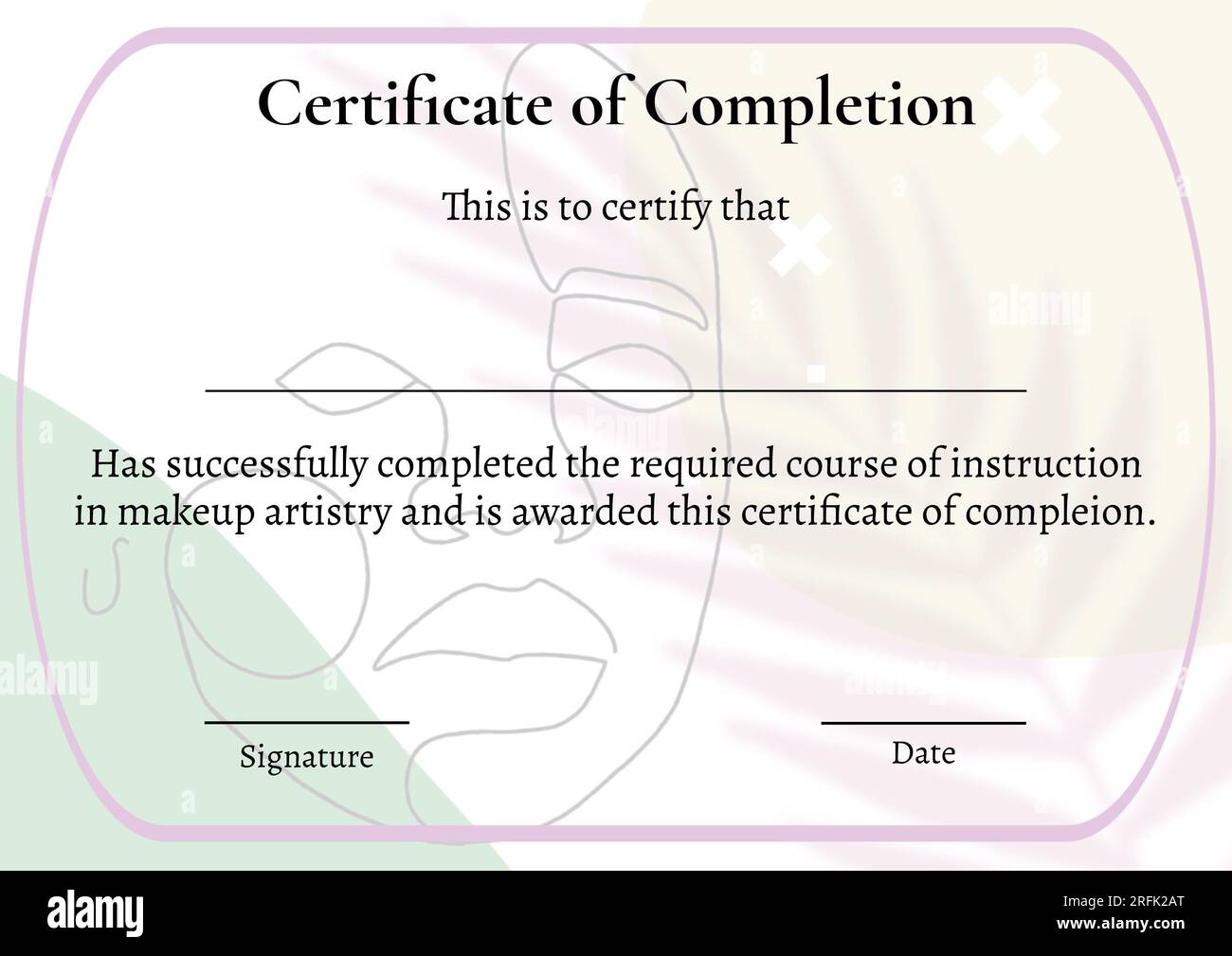 Composizione del testo del certificato di completamento con spazio di copia sul volto e sullo sfondo delle lamelle Foto Stock