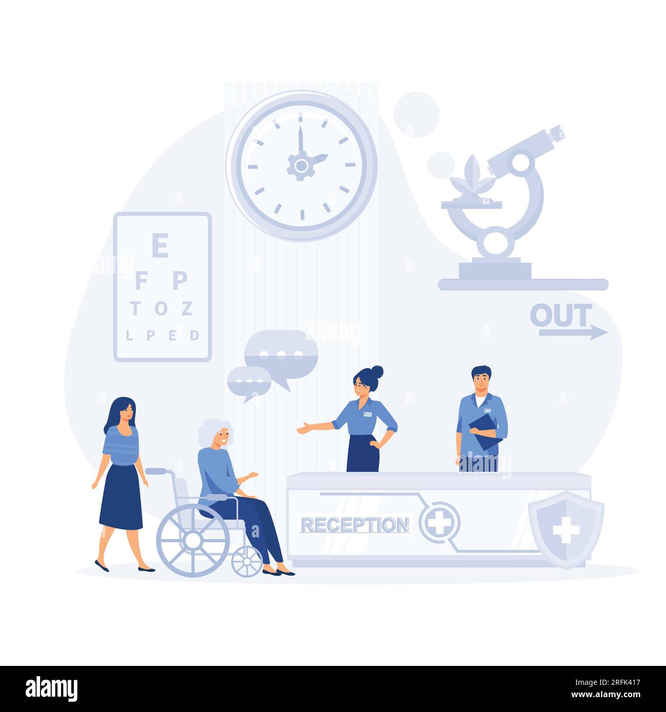 Accoglienza in ospedale con i pazienti. Sala d'attesa con illustrazioni moderne a vettore piatto per disabili Illustrazione Vettoriale