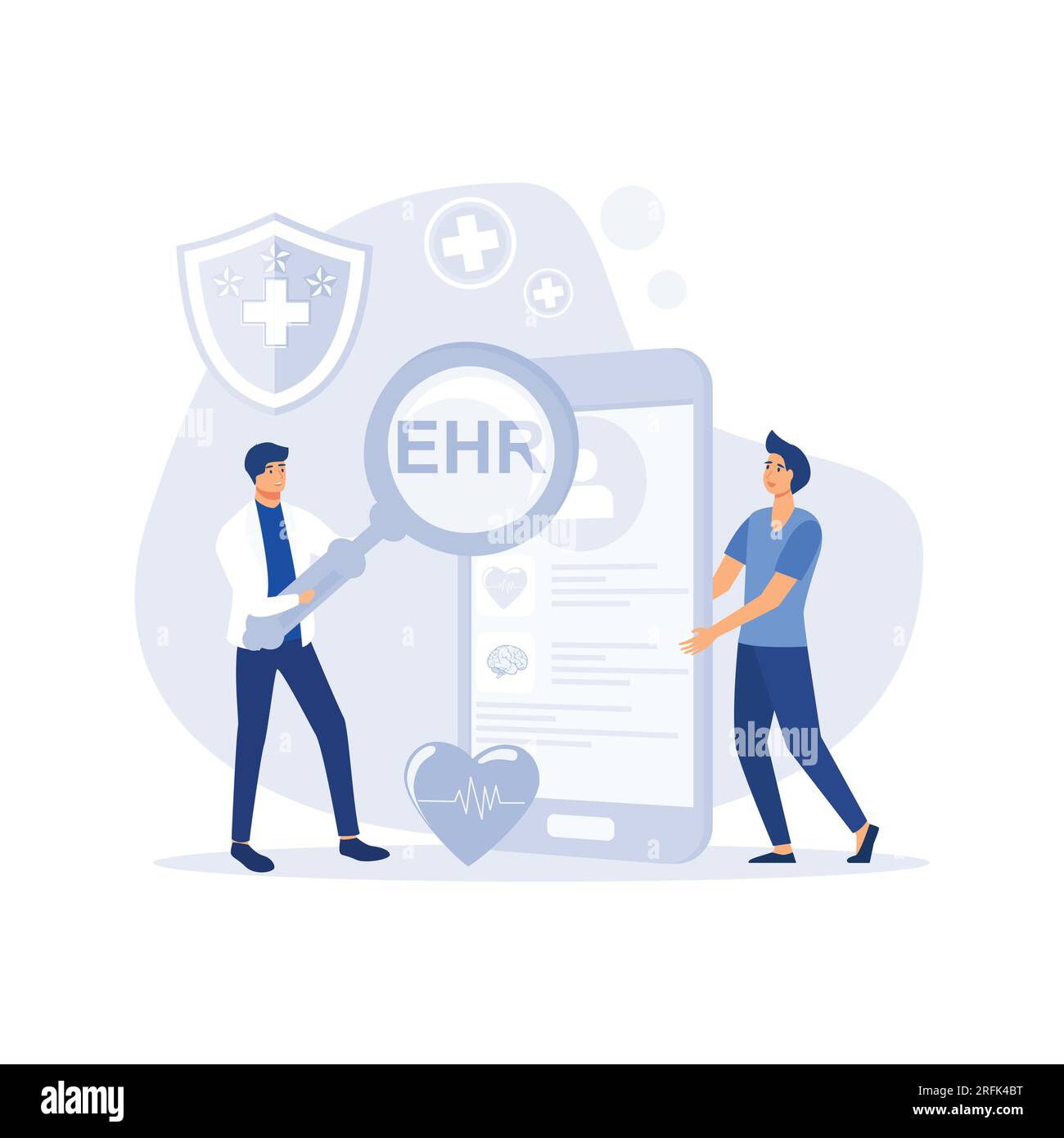Cartella clinica elettronica, medico femminile che legge medico, storia del trattamento, dati clinici, vettore piatto illustrazione moderna Illustrazione Vettoriale