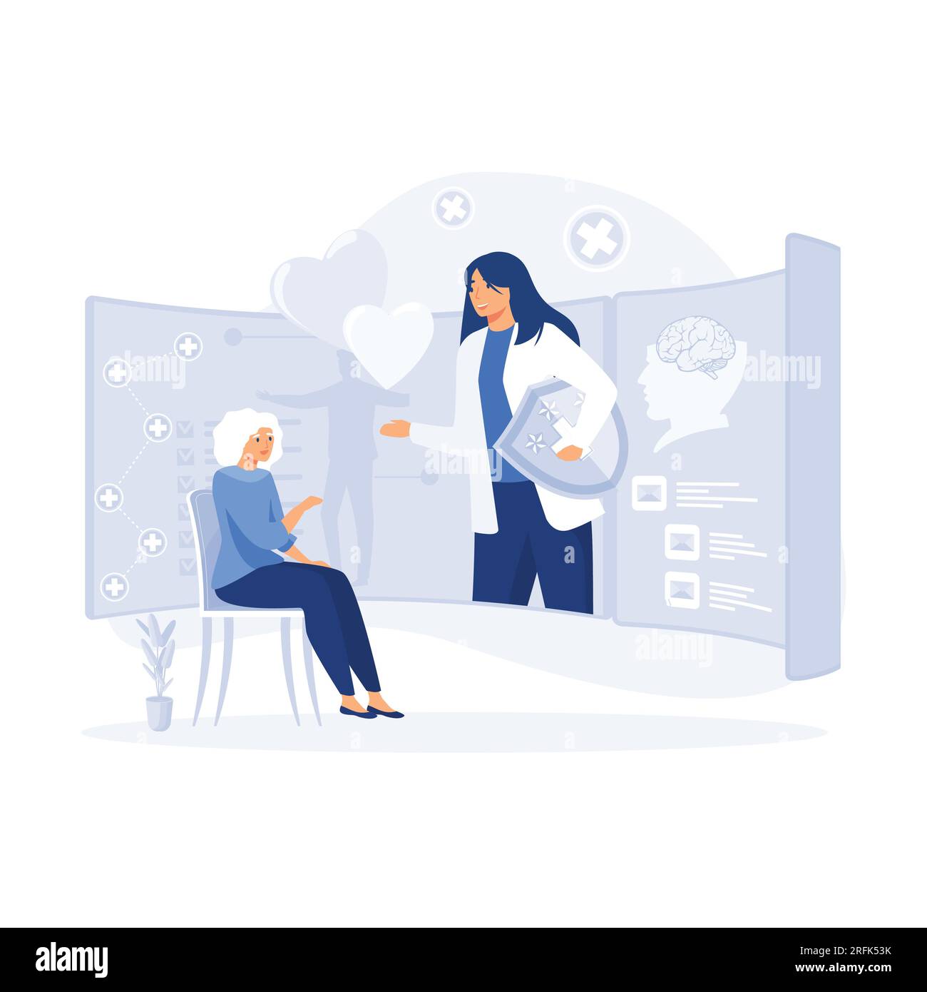 Servizio o piattaforma di medicina online, trattamento medico moderno, esperienza e diagnostica. illustrazione moderna a vettore piatto Illustrazione Vettoriale