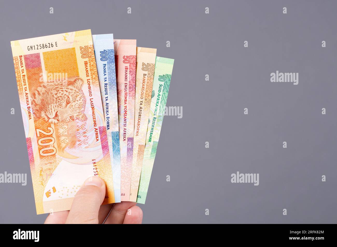 Denaro sudafricano - rand in mano su uno sfondo grigio Foto Stock