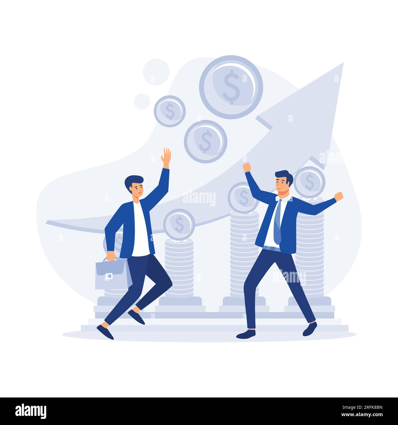 Uomini d'affari che si fanno avanti sulle monete , contro un grafico crescente verso l'alto, un'illustrazione moderna a vettore piatto Illustrazione Vettoriale