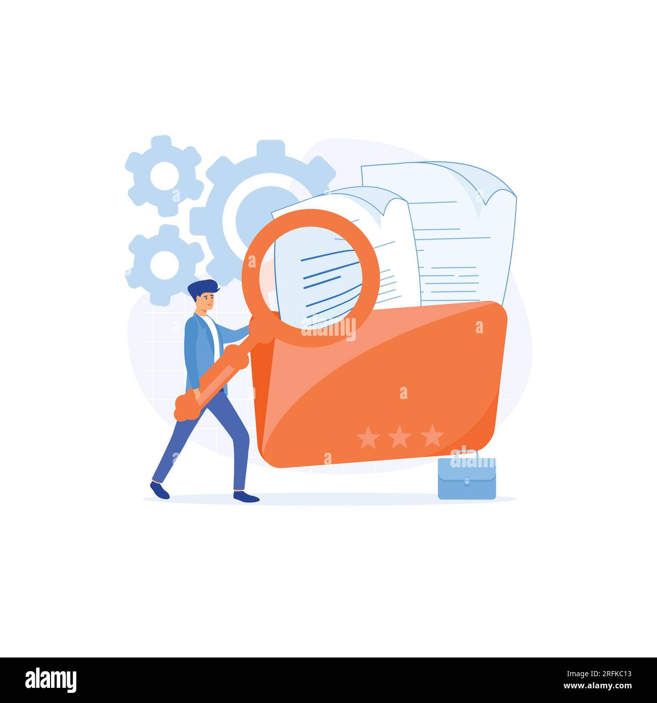 Gestione file, memorizzazione dati e indicizzazione. I lavoratori che cercano file utilizzano una lente di ingrandimento. illustrazione moderna a vettore piatto Illustrazione Vettoriale