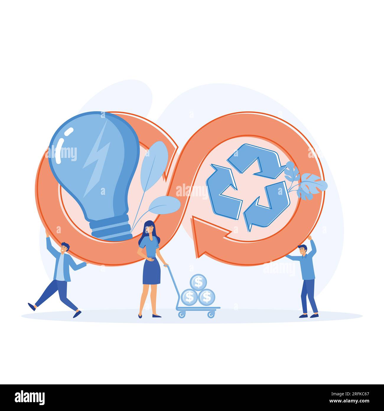 Economia circolare, riciclaggio dei rifiuti, consumo e gestione efficienti dell'energia, illustrazione moderna a vettore piatto Illustrazione Vettoriale