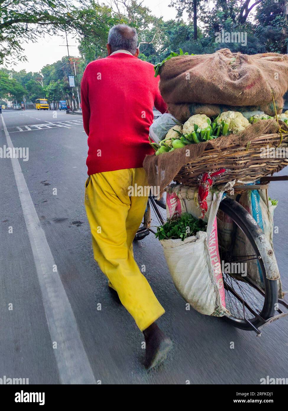 14 ottobre 2022 Uttarakhand, India. Venditore ambulante che vende verdure su una bicicletta a Dehradun City, Uttarakhand, India. Colorata scena del mercato locale. Foto Stock