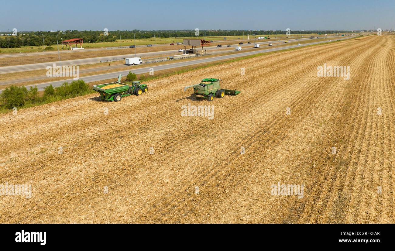 Mietitrebbia per la raccolta del mais vicino all'autostrada Texas Hill Country Foto Stock