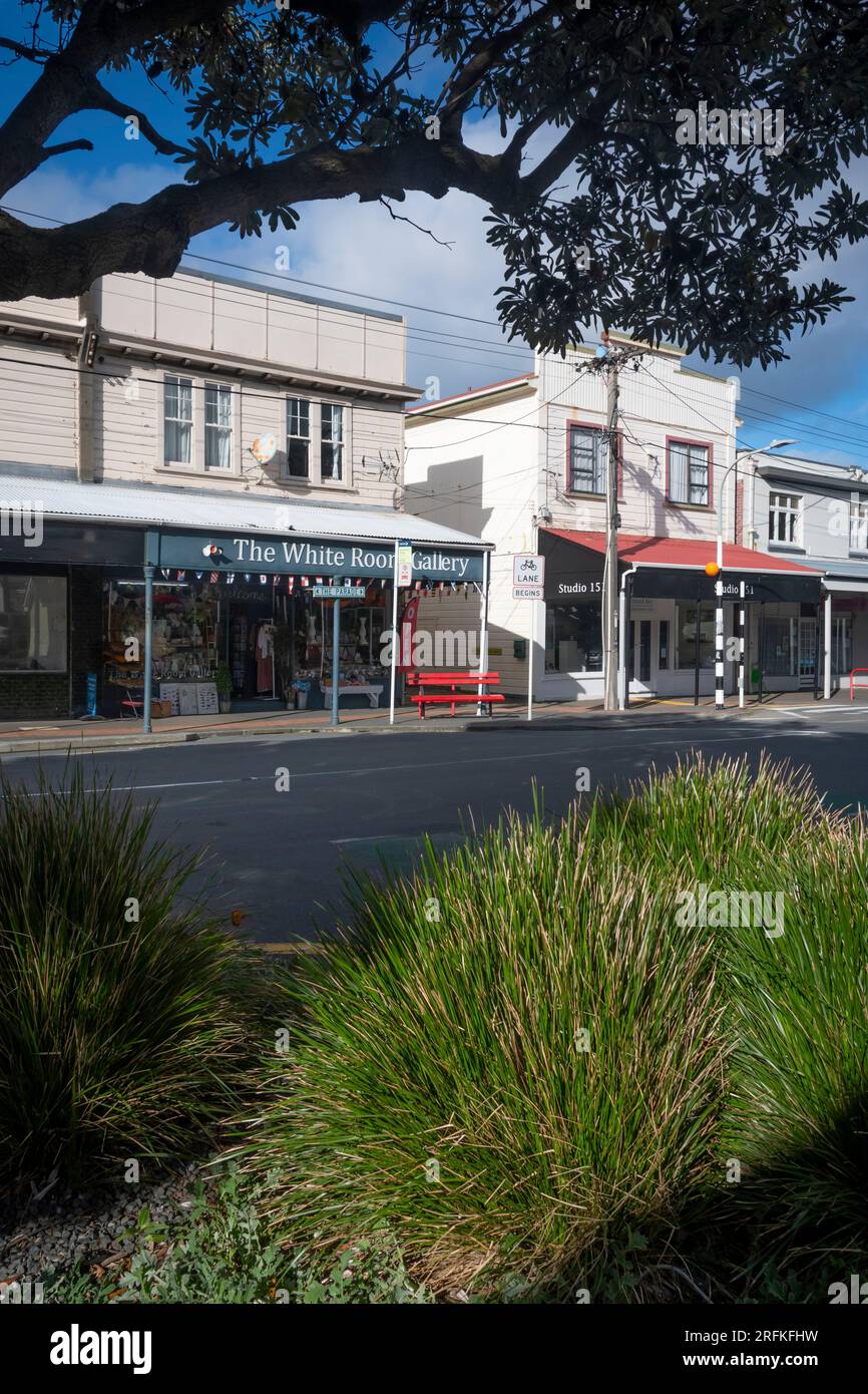 Negozi suburbani, Island Bay, Wellington, North Island, nuova Zelanda Foto Stock