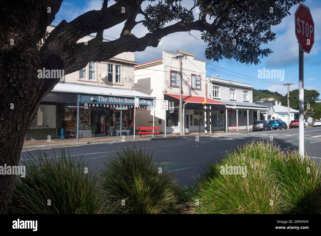 Negozi suburbani, Island Bay, Wellington, North Island, nuova Zelanda Foto Stock