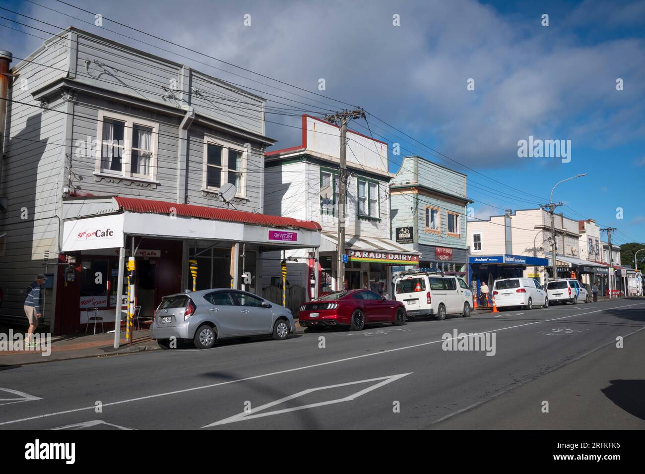Negozi suburbani, Island Bay, Wellington, North Island, nuova Zelanda Foto Stock