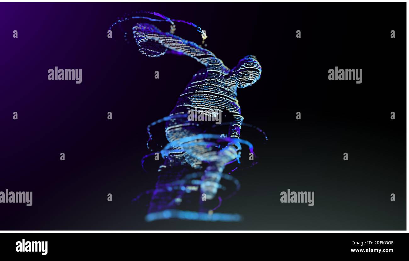 Spazzolatore a dischi. Scultura di atleta greco. Retroilluminazione. Profondità di campo. Sfondo scuro. Uomo astratto dai punti. Illustrazione Vettoriale