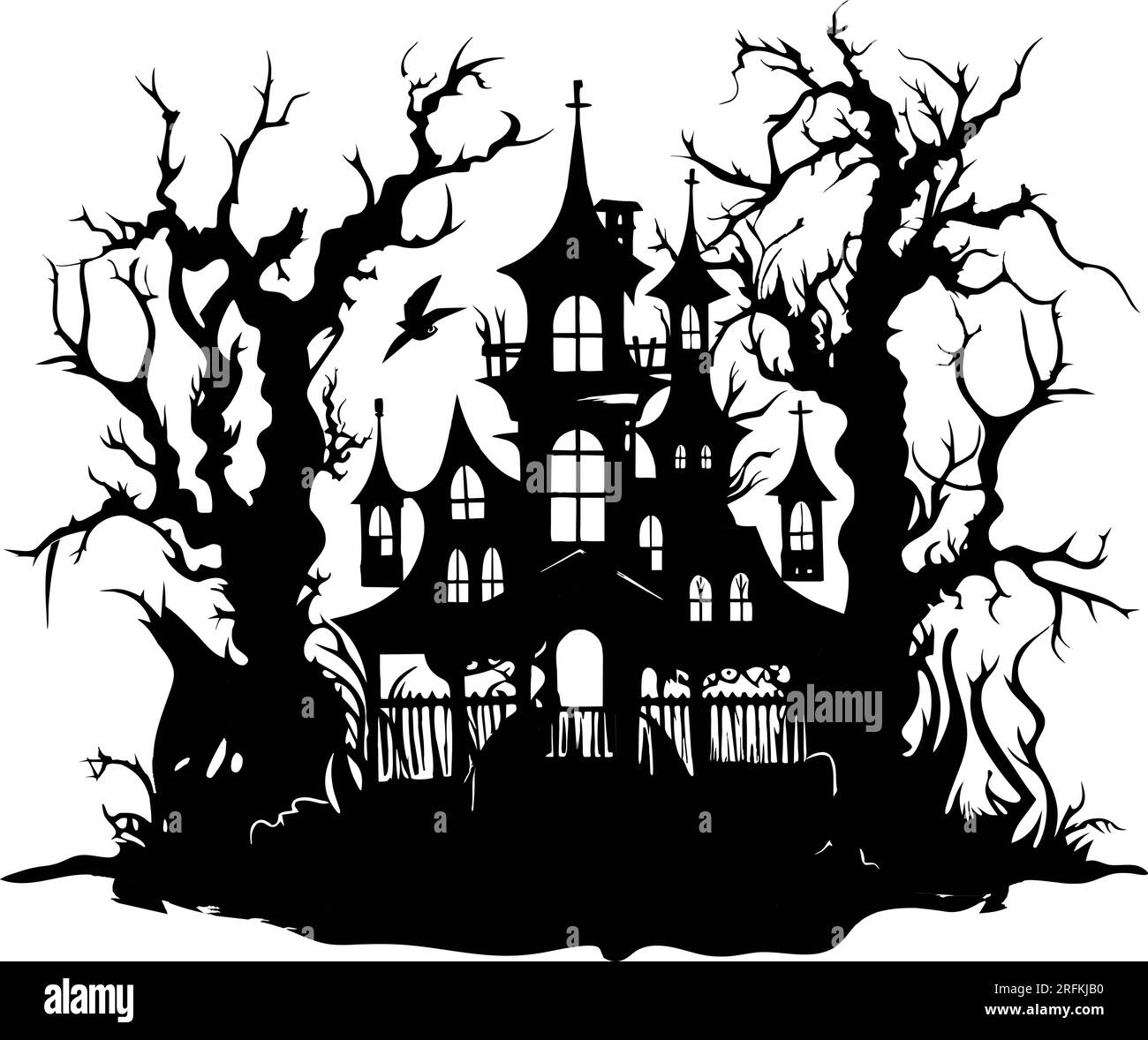 paesaggio del castello di halloween vector. sillhouette del castello nero. sillhouette del castello con illustrazione vettoriale di uccelli e alberi su sfondo bianco Illustrazione Vettoriale