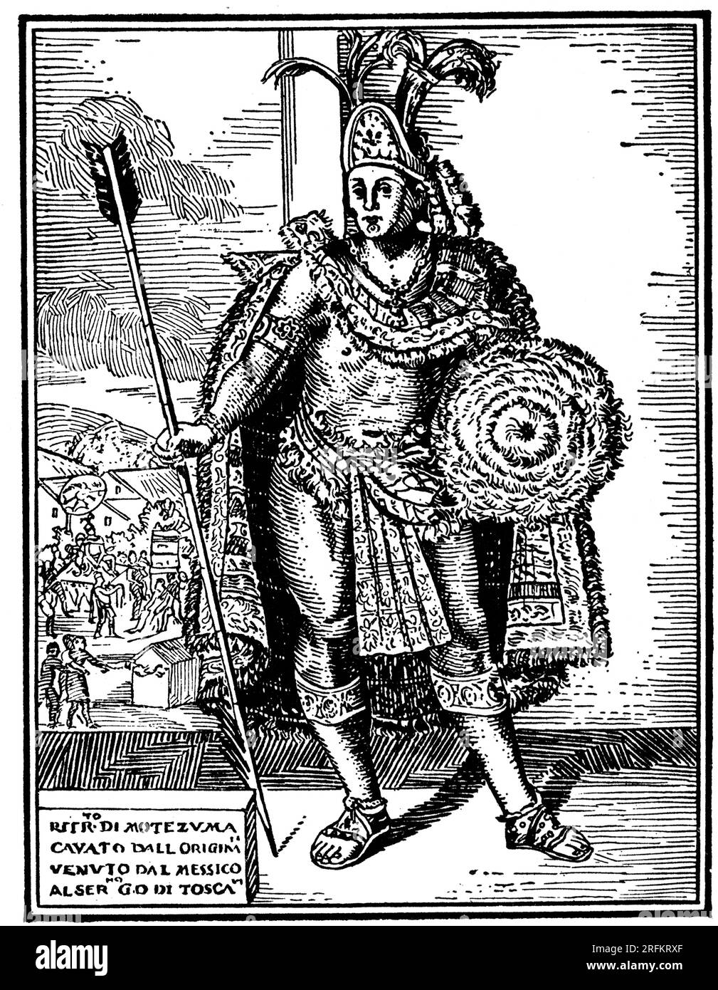 Moctezuma II, 1715. Nono imperatore dell'impero azteco regnante dal 1502 o 1503 al 1520. Dall'Istoria della conquista del Messico della popolazione, e de' progressi nell'America, 1715. Di Antonio De Solis. Foto Stock