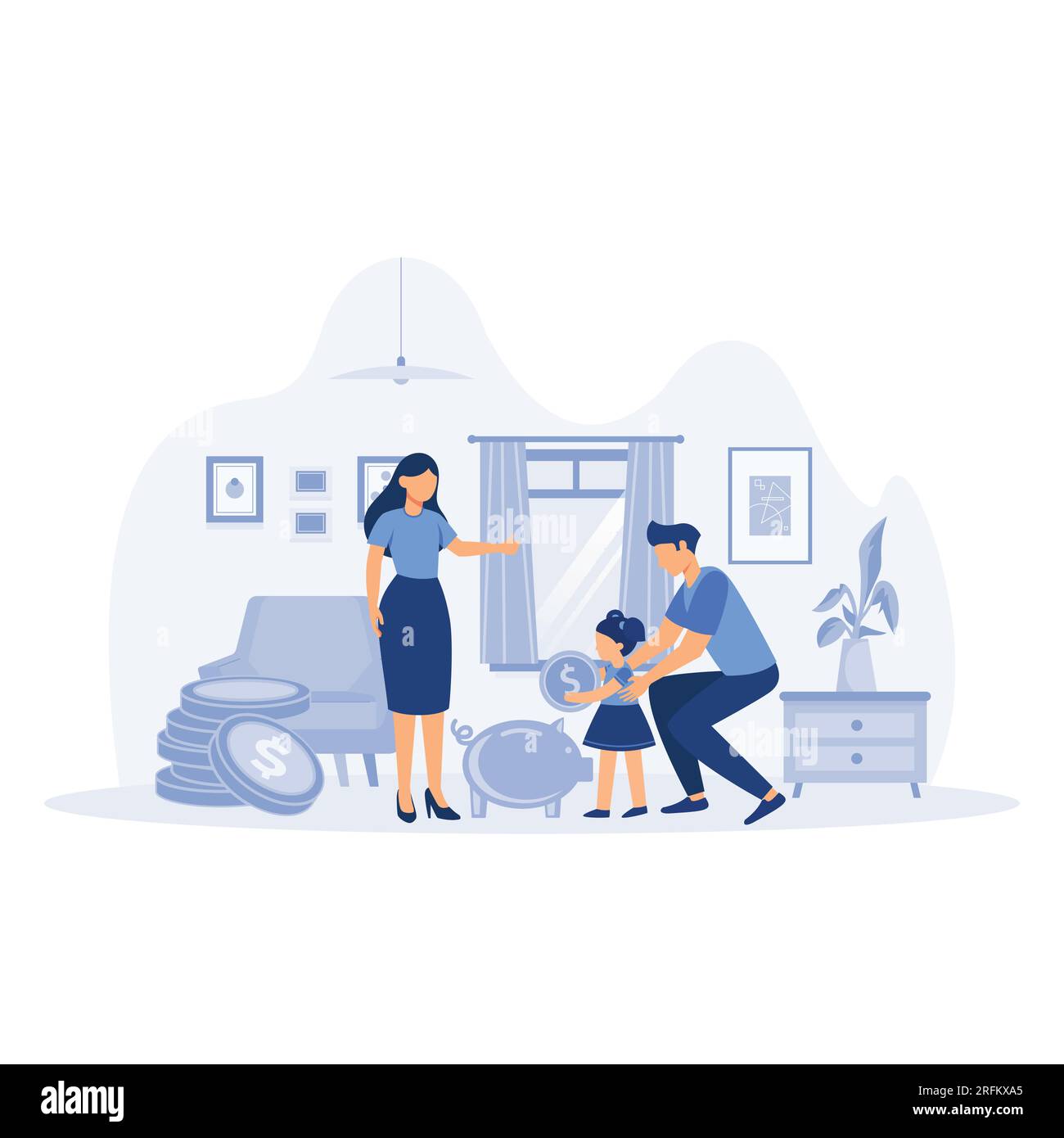 concetto di risparmio economico. Padre e madre insegnano ai bambini a risparmiare denaro, gestione finanziaria. illustrazione moderna a vettore piatto Illustrazione Vettoriale