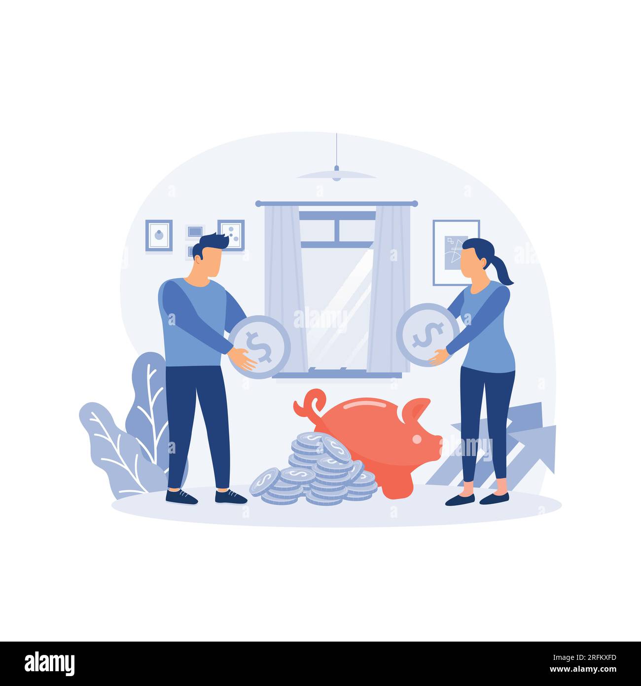 Pianificazione finanziaria futura. Strategia di deposito di fondi sicuro ed economico. Coppia sposata Save Coins in Piggy Bank. illustrazione moderna a vettore piatto Illustrazione Vettoriale