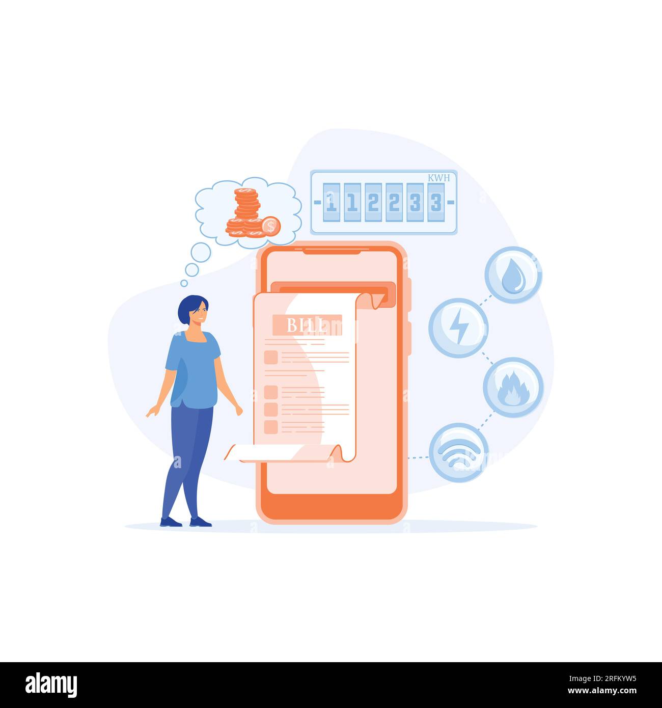 Servizi domestici. Bollette delle utenze nell'app per smartphone. Pagamenti regolari come gas, acqua, elettricità, riscaldamento. illustrazione moderna a vettore piatto Illustrazione Vettoriale